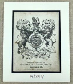 1830 Antique Engraving King George IV Royal Coat of Arms Crest Armorial Bearing