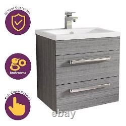 600mm Grey Wood Newton Vanity Unit Ceramic Sink Bathroom Wall Hung Furniture