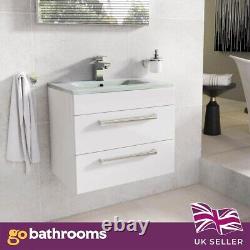 600mm White Gloss Newton Vanity Unit Glass Sink Bathroom Wall Hung Furniture