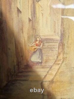 Antique Painting Signed Atherton Woman Basket Italian Rural Stairs Framed
