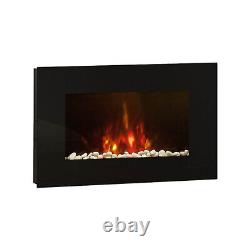 Electric Fire Heater Wall Mounted Flat Black Glass Flame Effect Log Fuel Bed 2kW
