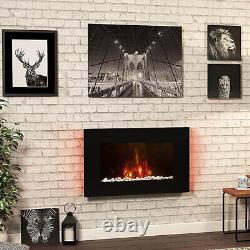 Electric Fire Heater Wall Mounted Flat Black Glass Flame Effect Log Fuel Bed 2kW
