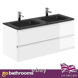 Newbold White Gloss Wall Hung Vanity Unit With Grey Glass Basin Sink- 1200mm