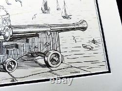 Original Drawing Signed HMS Anson Canon Porthleven Harbour Boats Cornwall