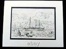 Original Drawing Signed Yacht Cruiser Boat M. Y. Mhoire Torquay Harbour Devon