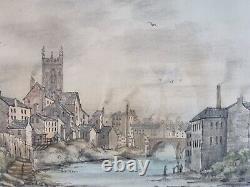 Trowski Hand Coloured Lithograph Manchester OLD CHURCH & BRIDGE signed pencil