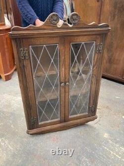 Vintage Antique Old Charm Brown Wooden Wall Mounted Corner Display Cabinet