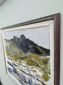 Vintage MID Century Semi Abstract Landscape Framed Oil Painting Mountain Lake