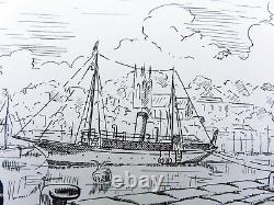 Dessin Original Signé Yacht Cruiser Boat M. Y. Mhoire Torquay Harbour Devon