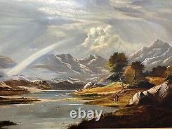 Énorme Peinture À L'huile 19ème Siècle Pays De Galles Snowdon Mountain Range Par Charles Leslie