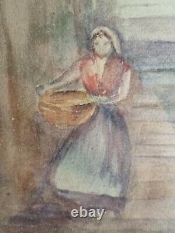 Peinture Antique Signé Atherton Woman Basket Italienne Rural Stairs Encadrée
