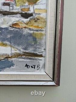 Vintage MID Century Semi Abstract Landscape Framed Oil Painting Mountain Lake
